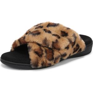 Vionic womens Relax Ii Slides(Brown Multi Leopard Faux Fur)